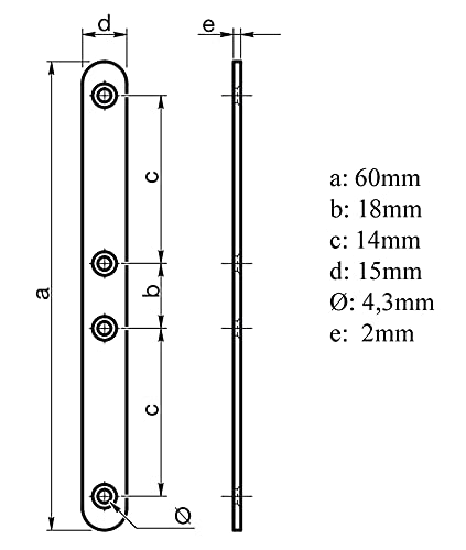 Design61 Set of 4 flat connectors, perforated plate, fixing plate, metal connector, wood connector, connecting plate 60mm