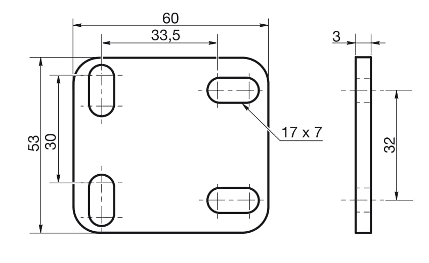 Design61 4-piece flat connector with long hole wood connector metal connector fixing plate screwing plate mounting plate 60 mm x 53 mm
