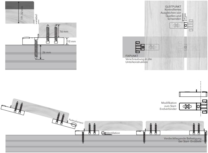 Design61 100 Stück Universal Terrassenverbinder Kunststoffclips inkl. Edelstahl Schrauben Terrassendielen Befestigung Unsichtbar Edelstahl für Terrassendielen Holz- & Aluminium Dielenstärke 19–32mm