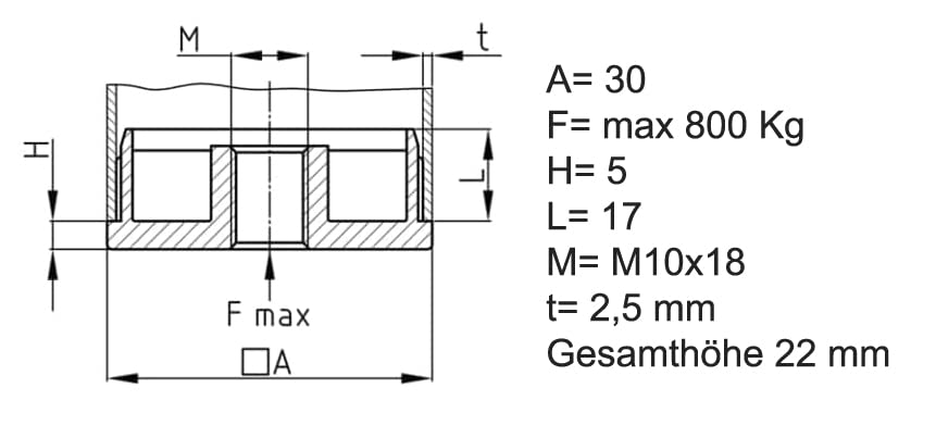 Design61 4x threaded plugs adjusting plugs for square tubes made of zinc die-cast 30x30 mm x 1.5mm with M10 internal thread