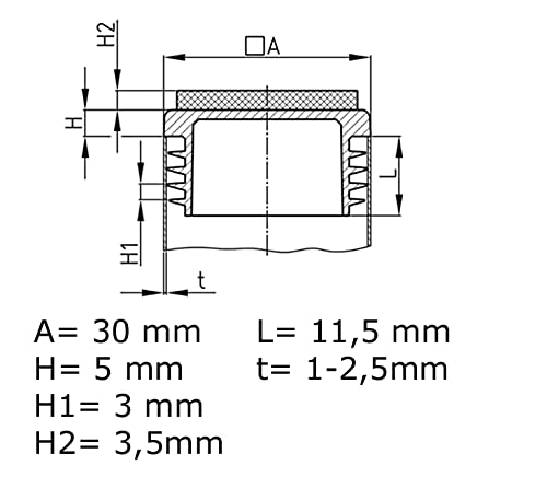Design61 4x slatted plugs with felt 30x30 mm for square tubes for inner dimensions 25-28 mm