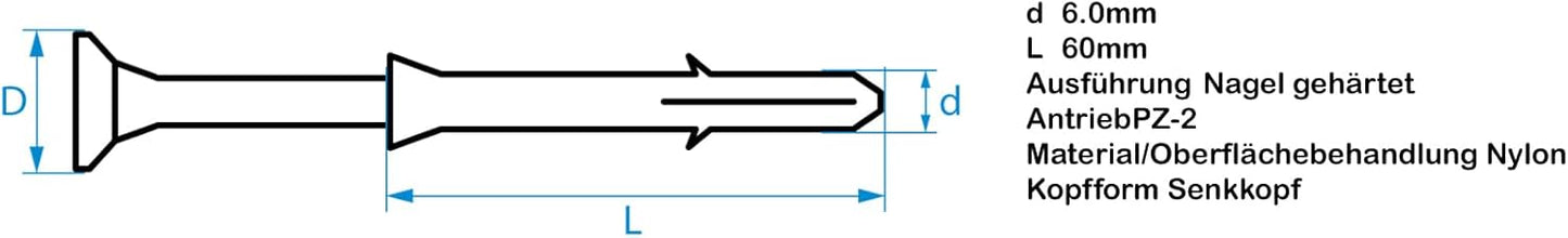Design61 100x Nageldübel Dübel 6 x 60 mm mit gehärtetem Senkkopf Nagel PZ2 Kreuzschlitz Nylon Schlagdübel für Beton Stein Vollziegel Schnellmontage für Innen & Außen