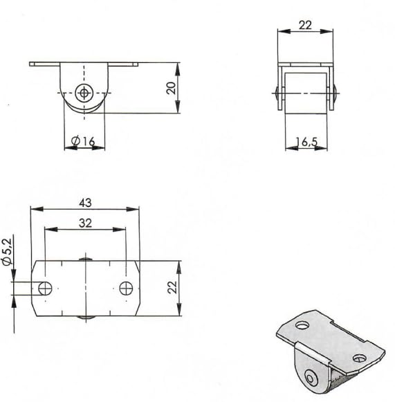 Design61 4x roulettes de lit, roulettes de meuble, Ø16 mm, 43x22 mm, avec roues en plastique