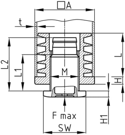 Design61 4X adjusting plugs for square tubes Pipe plugs 40 x 40 mm with slats M22x60 mm for wall thickness 2-2.5 mm
