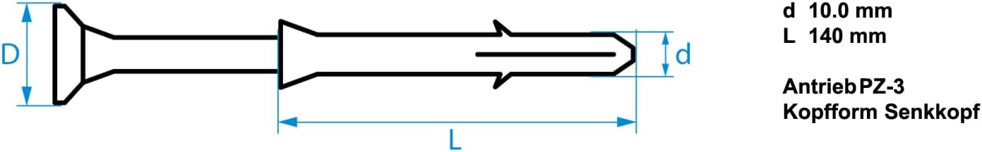 Design61 25x Nageldübel Dübel 10 x 140 mm mit gehärtetem Senkkopf Nagel PZ3 Kreuzschlitz Nylon Schlagdübel für Beton Stein Vollziegel Schnellmontage für Innen & Außen