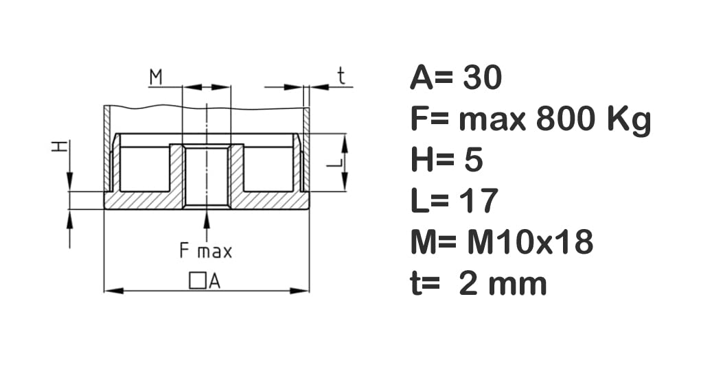 Design61 4x bouchons filetés, bouchons de réglage, embouts de pied, douille d'insertion pour tubes carrés en zinc moulé sous pression 30x30 mm avec filetage intérieur M10, capacité de charge jusqu'à 800 kg pour épaisseur de paroi 2 mm