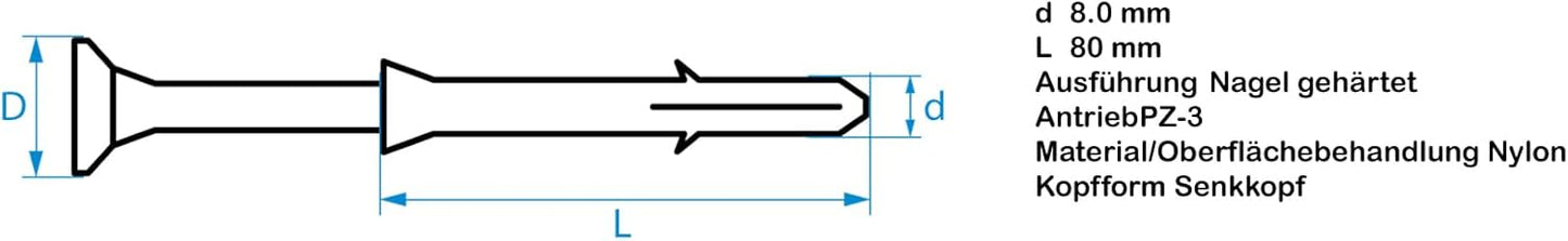Design61 50x Nageldübel Dübel 8 x 80 mm mit gehärtetem Senkkopf Nagel PZ3 Kreuzschlitz Nylon Schlagdübel für Beton Stein Vollziegel Schnellmontage für Innen & Außen