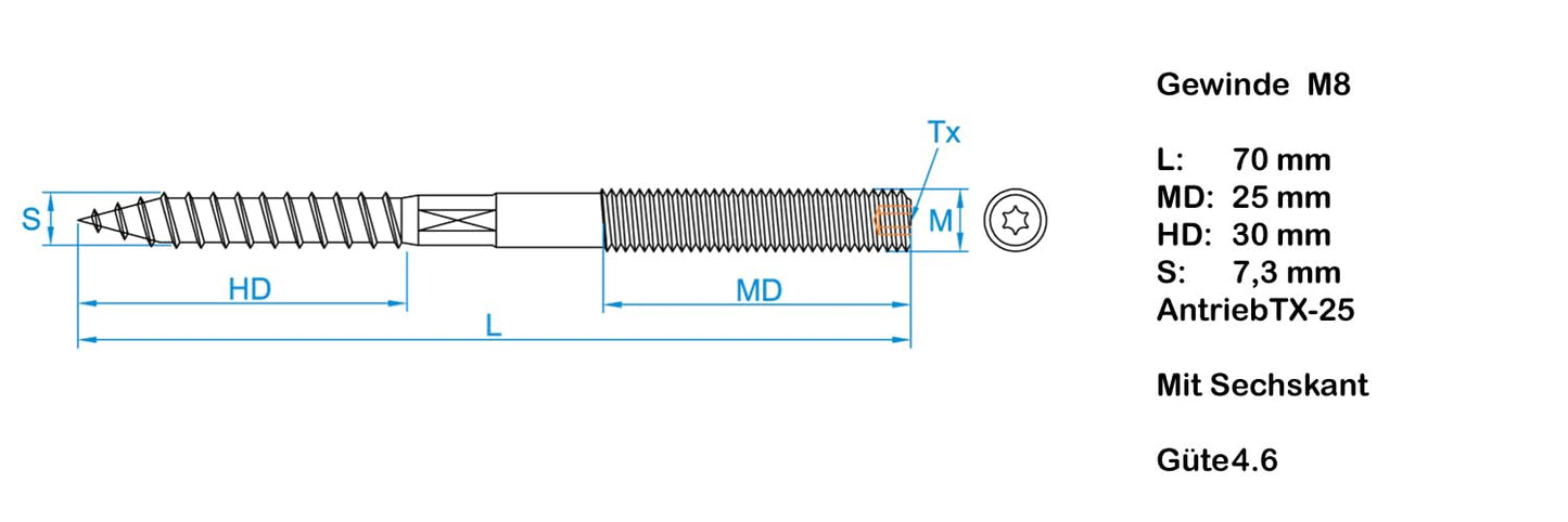 Design61 10x Stockschraube M8 x 70 mm Doppelgewindeschraube Schraubstifte mit Holzgewinde & Metrischem Gewinde TX Stahl Verzinkt Verbindungsschraube für Holz Metall Dübelmontage