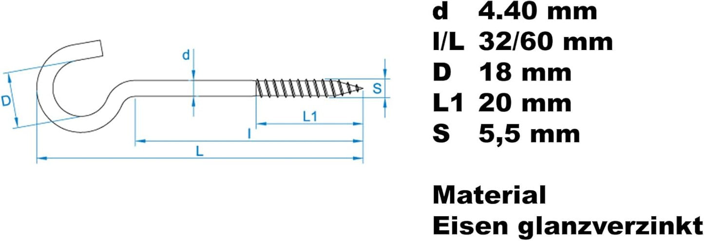 Design61 Wandhaken Verzinkt mit Holzgewinde Einschraubhaken für Wand Decke Haken zur Befestigung von Seilen Ketten Pflanzen Lampen (60 x 4,4 mm, 10, stück)