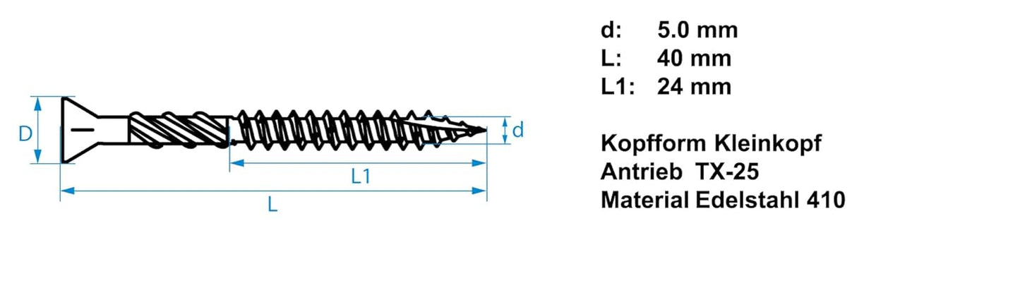 Design61 Terrassenschrauben Edelstahl TX25 Edelstahlschrauben Holz Dielenschraube Rostfrei mit Cutspitze Reibteil Fräsrippen Ideal für Terrassendielen & Außenbau (5 x 40 mm, 200, stück)