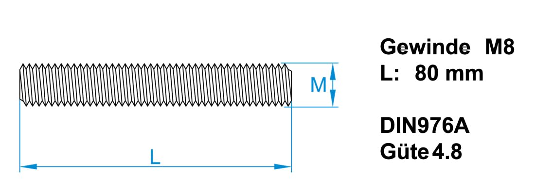 Design61 10er Gewindestange DIN 976-A Vollgewinde Gewindestift Gewindestab Metrisches Gewinde Verzinkt Gewindebolzen für Möbelbau Bauarbeiten Handwerk Metall Holz (M8 x 80 mm, 10, Stück)