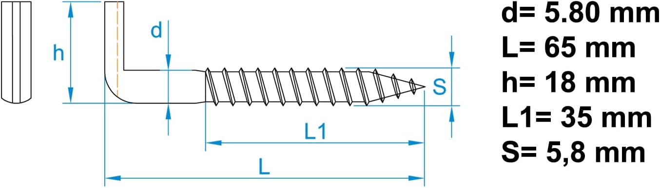 Design61 10x Schlitzhaken Gerade Schraubhaken Konsolhaken Stahlhaken Wandhaken mit Gewinde Einschraubhaken für Wand & Decke Haken zur Befestigung von Seilen Ketten Lampen (65 x 5,8mm, 10, stück)