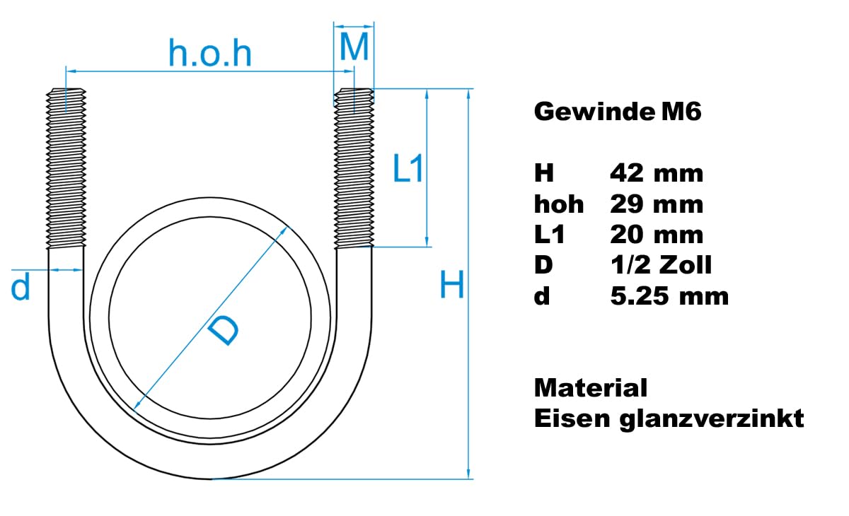 Design61 Bügelschraube Rundstahlbügel Innen Durchmesser Gewindebügel U-Bolzen Rundrohrschelle für Rohrbefestigung Metallbau KFZ Industrie Boot Werkstatt Bau (M6 x 20 mm, 4, stück)