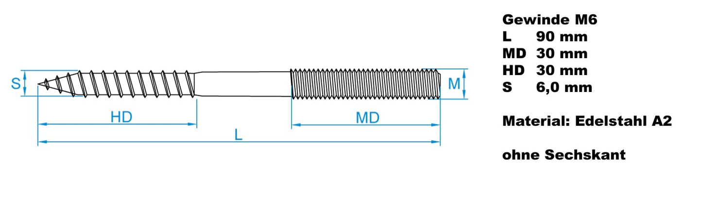 Design61 10x Edelstahl Stockschraube Doppelgewindeschraube Schraubstifte mit Holzgewinde & Metrischem Gewinde Verbindungsschraube für Holz Metall Dübelmontage (M6 x 90 mm, 10, stück)
