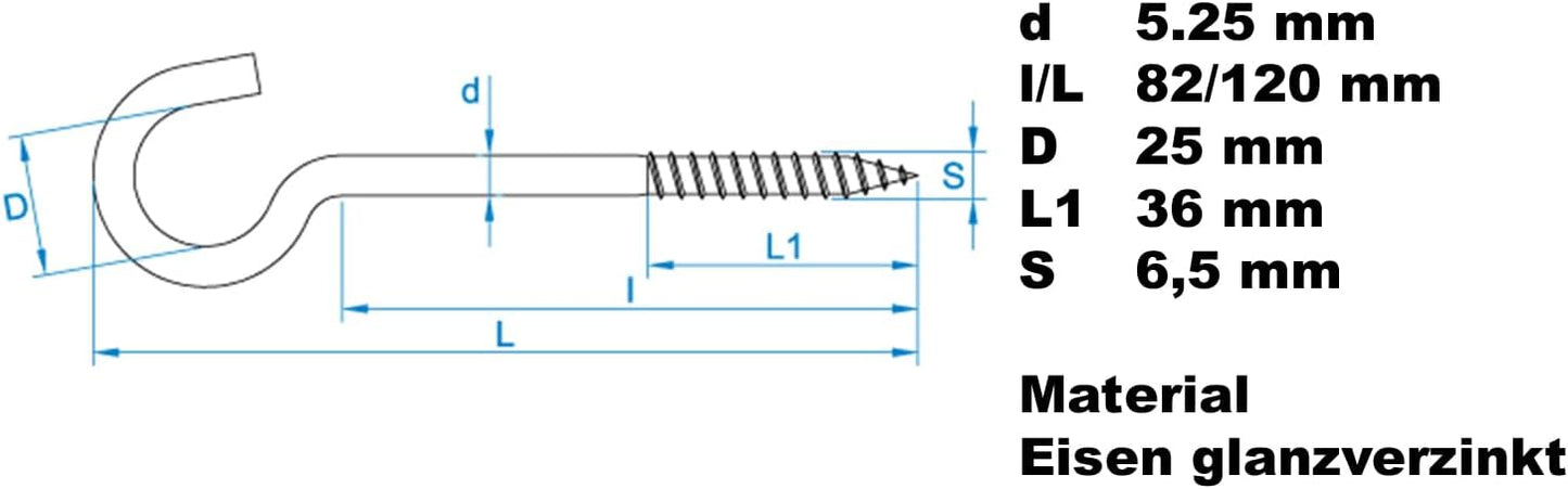 Design61 Wandhaken Verzinkt mit Holzgewinde Einschraubhaken für Wand Decke Haken zur Befestigung von Seilen Ketten Pflanzen Lampen (120 x 5,25 mm, 10, stück)