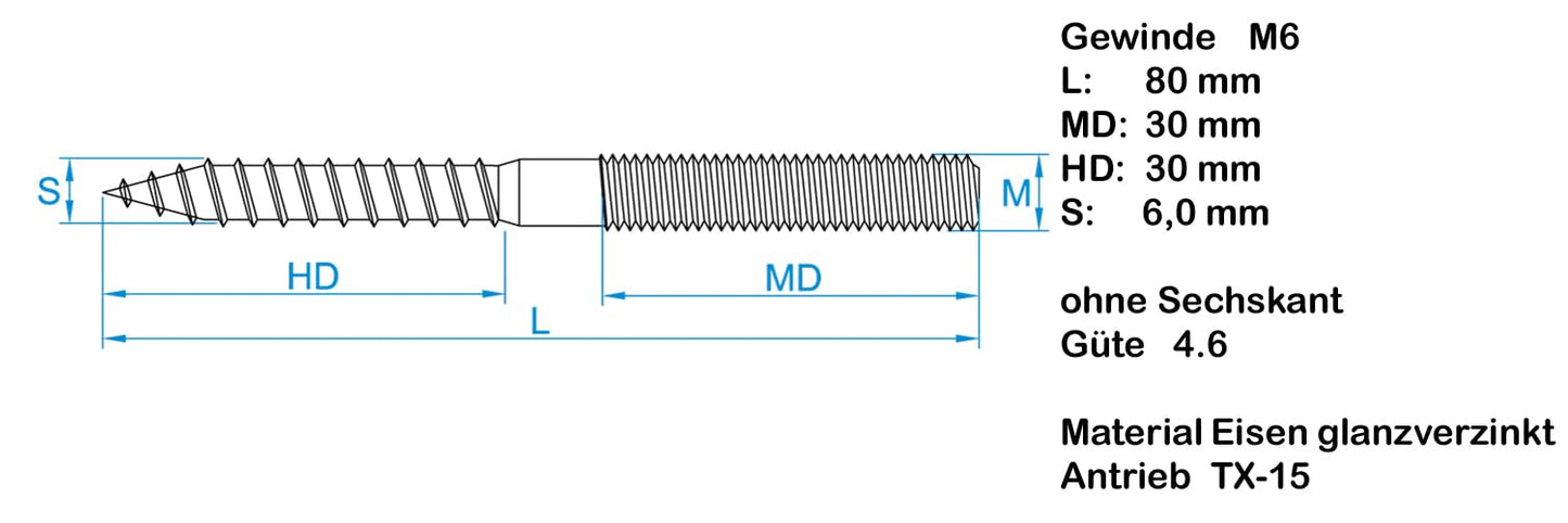 Design61 10x Stockschraube M6 x 80 mm Doppelgewindeschraube Schraubstifte mit Holzgewinde & Metrischem Gewinde TX15 Stahl Verzinkt Verbindungsschraube für Holz Metall Dübelmontage