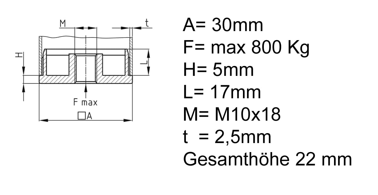 Design61 4x threaded plugs adjusting plugs for square tubes made of zinc die-cast 30x30 mm x 2.5mm with M10 internal thread
