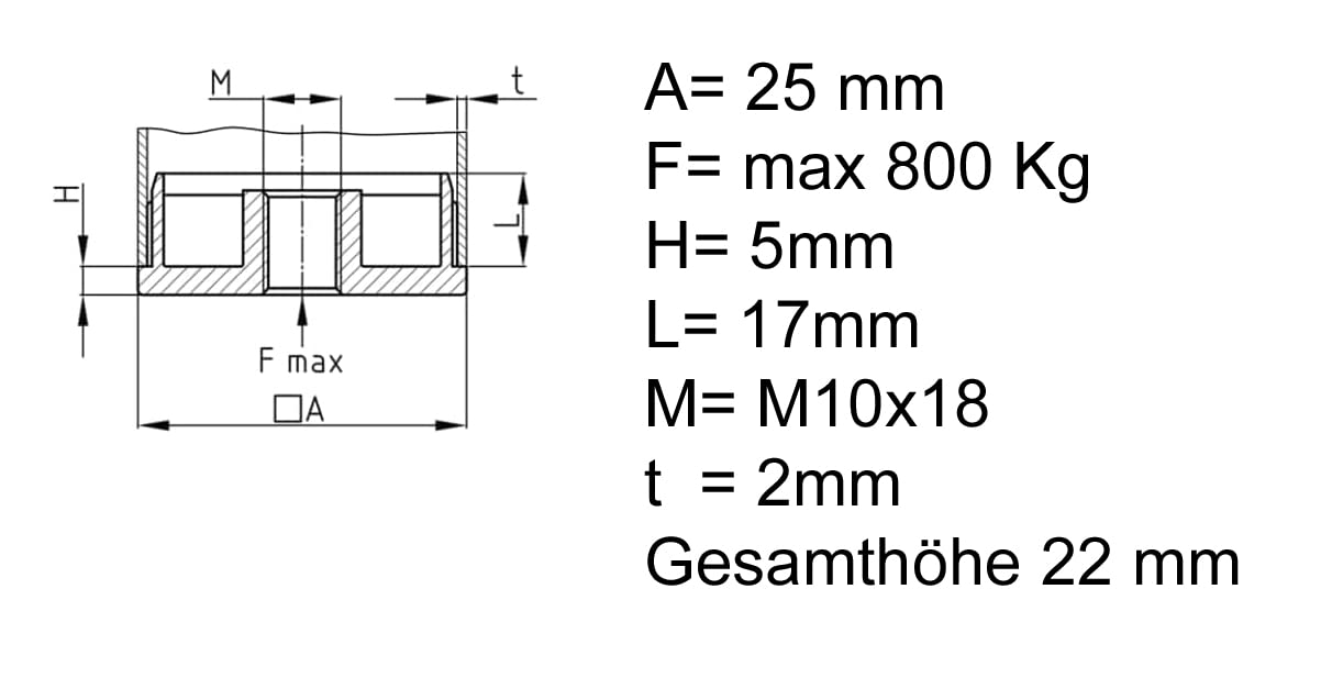 Design61 4x threaded plugs adjusting plugs for square tubes made of zinc die-cast 25x25 mm x 2mm with M10 internal thread