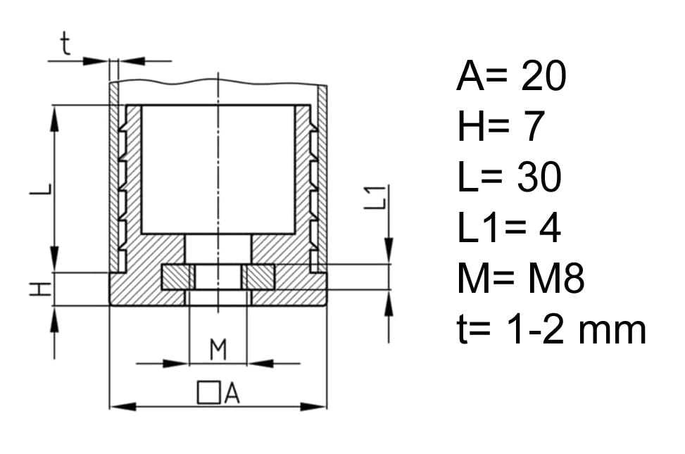 Design61 4x bouchons filetés pour tubes carrés 20x20 mm épaisseur de paroi 1-2 mm avec filetage intérieur M8