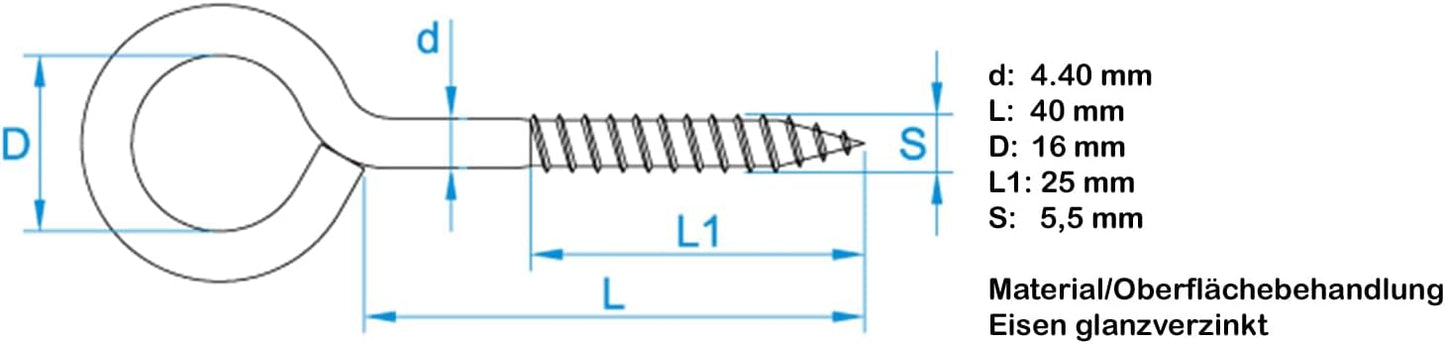 Design61 4x Ringschrauben 64x24mm Ösenschraube mit Holzgewinde Schraubhaken Wandhaken Verzinkt für Wand & Decke Haken zur Befestigung von Seilen Ketten Pflanzen Lampen