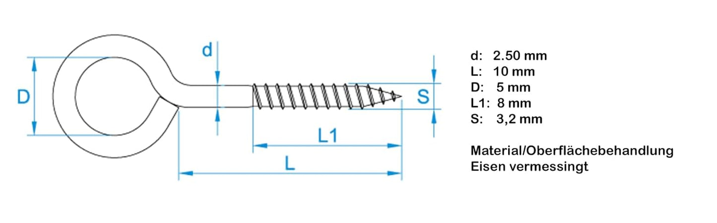Design61 100x Ringschrauben Ösenschraube 19x9mm mit Holzgewinde Schraubhaken Wandhaken Vermessingt für Wand & Decke Haken zur Befestigung von Seilen Ketten Pflanzen Lampen