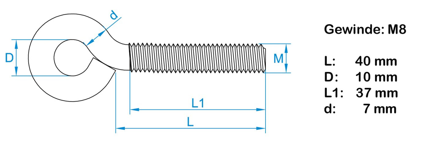 Design61 10x Ringschraube M8 x 40 mm Ösenschraube Metrisches Gewinde Eisengewinde für Holz & Metall Robuste Befestigung & Sicherung Glanzverzinkt Rostfrei 43C