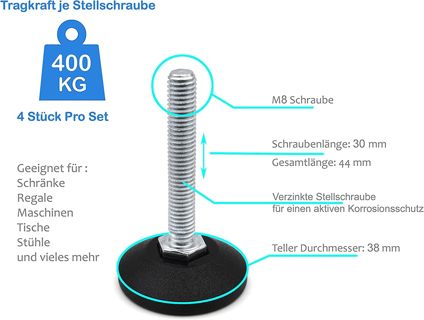 Design61 4X vis de réglage M8 x 30 mm pied réglable vis de réglage Ø 38 mm galvanisé