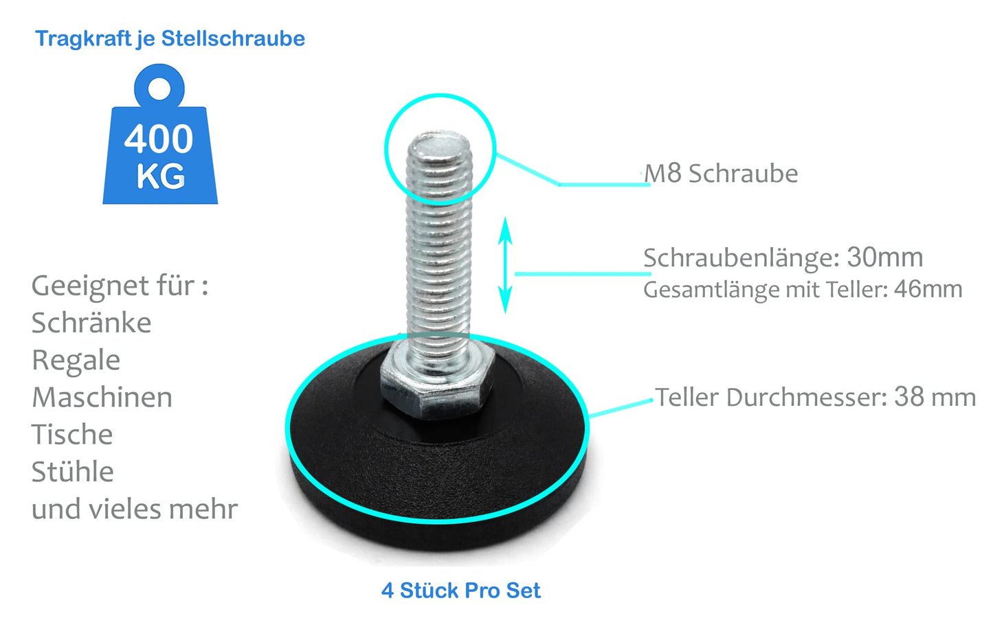 Design61 4X adjusting screw Ø 38 mm with galvanized adjusting screw M8 x 30mm (foot rotatable)