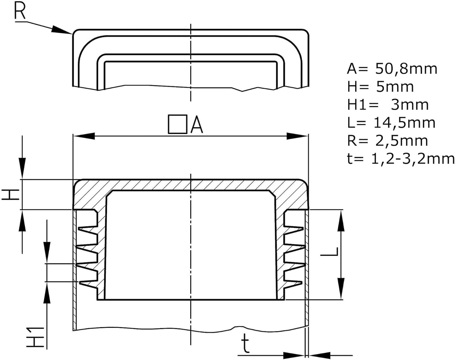 Design61 10x Vierkant Rohrstopfen Lamellenstopfen 50,8x50,8 mm mit Lamellen für Wandstärke 1,2-3,2 mm