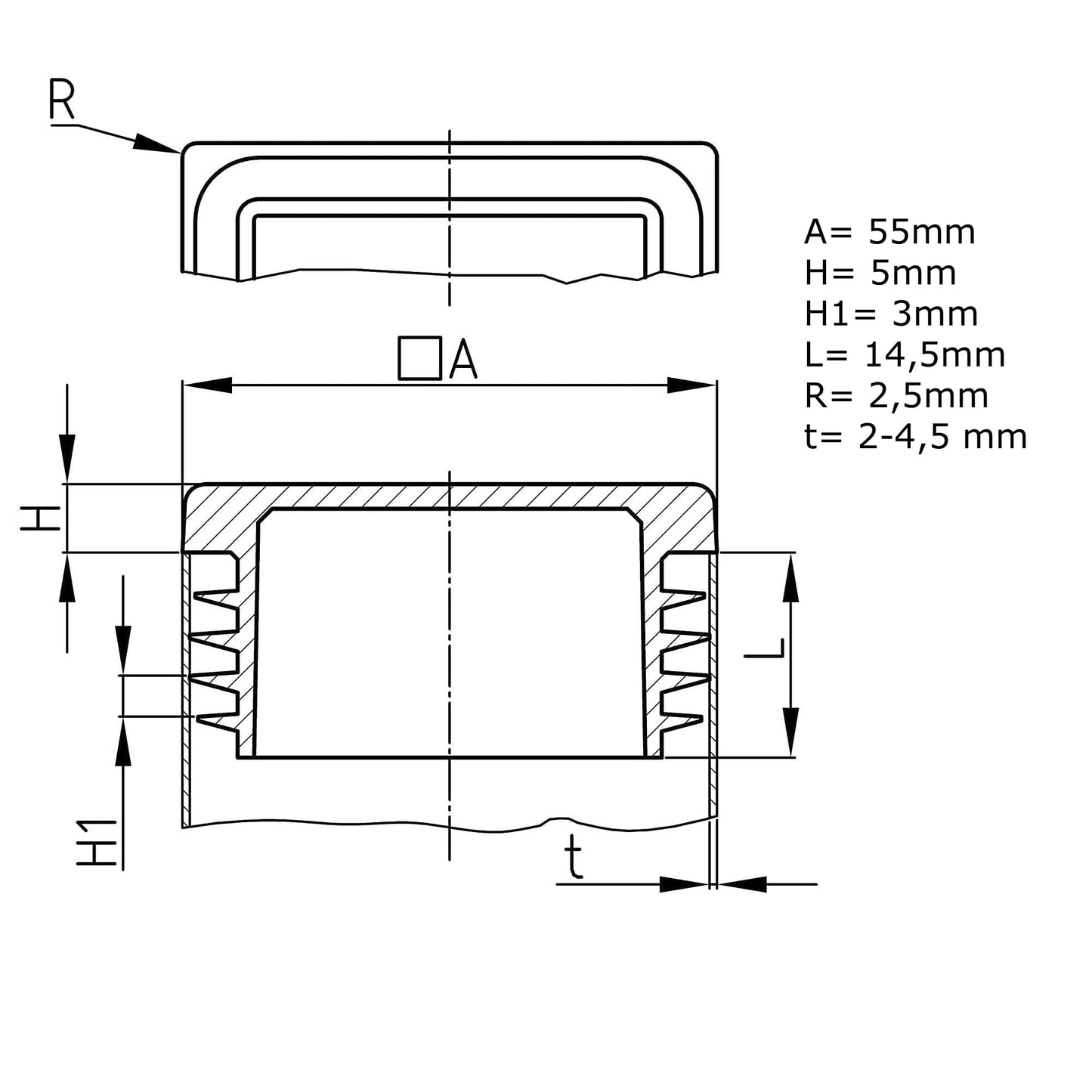 Design61 4x bouchons de tube carrés bouchons à lattes 55x55 mm avec lattes pour dimensions intérieures 46-51 mm