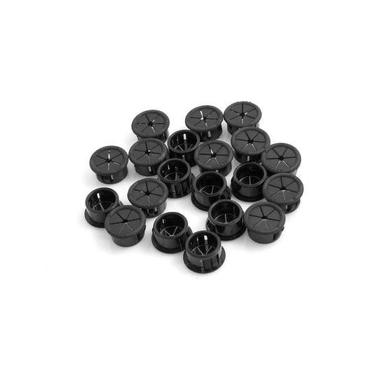Jeu de 20 passe-câbles en plastique pour câbles de 3,2 à 25,4 mm de diamètre et tôle jusqu'à 3,2 mm d'épaisseur max. en noir