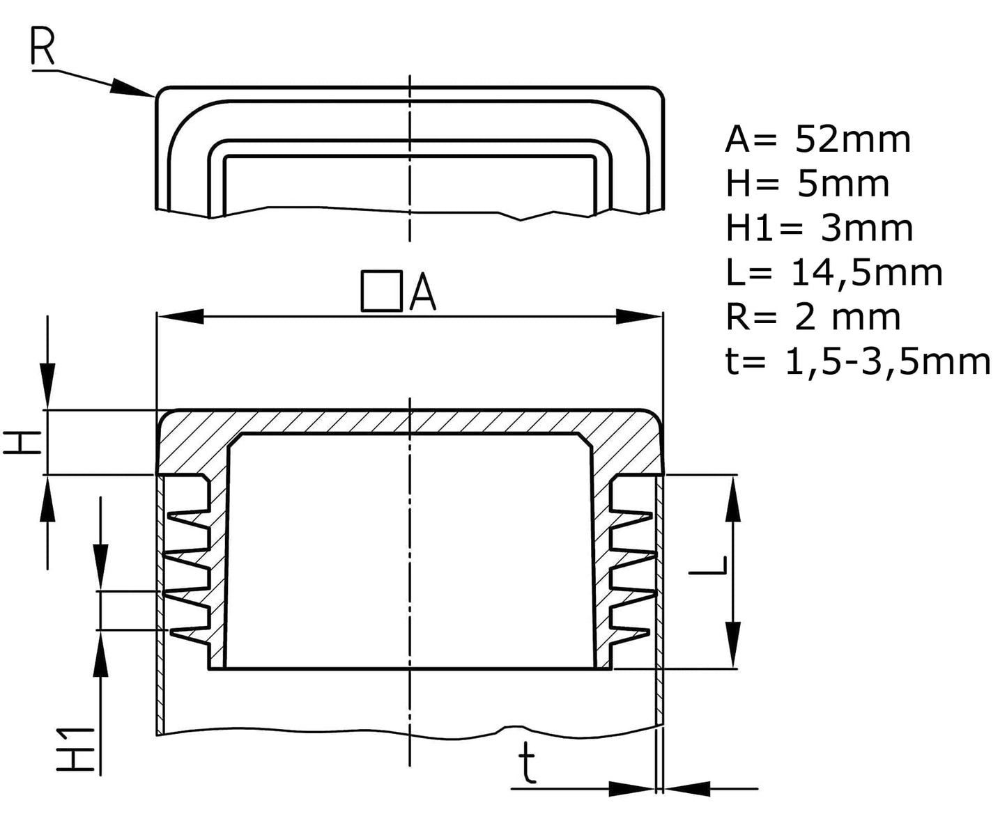 Design61 4x bouchons de tube carrés bouchons à lattes 52x52 mm avec lattes pour dimensions intérieures 45-49 mm