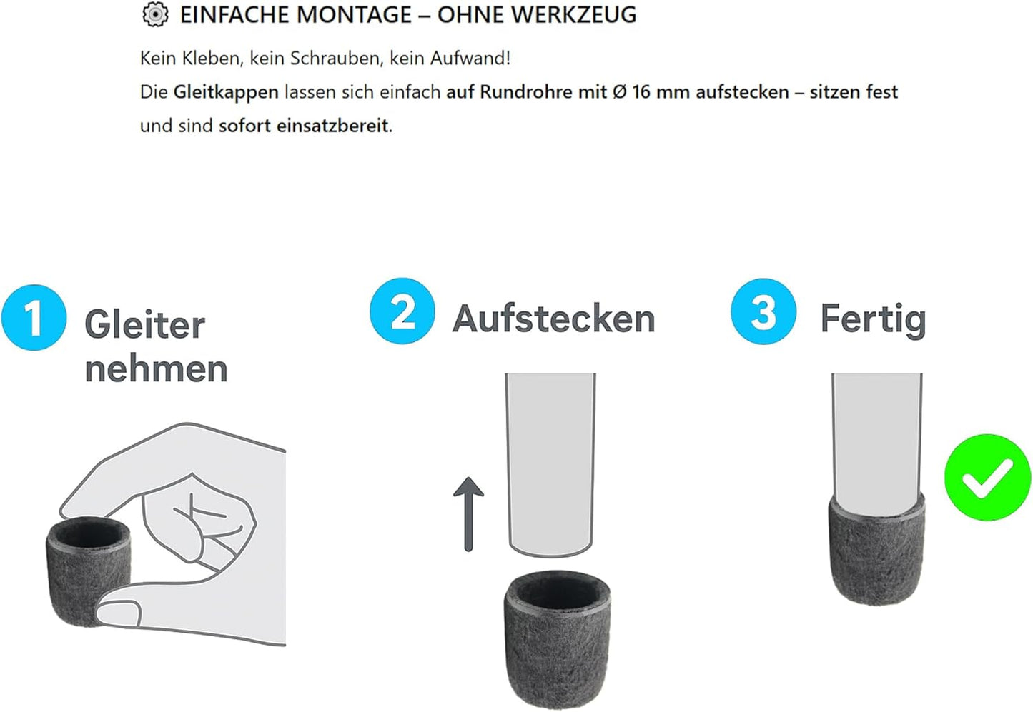Design61 Filzgleiter 4er Set Ø14mm | Leises Gleiten & Bodenschutz | Filzkappen aus PET-Filz für Rundrohrstühle, Parkett & Laminat