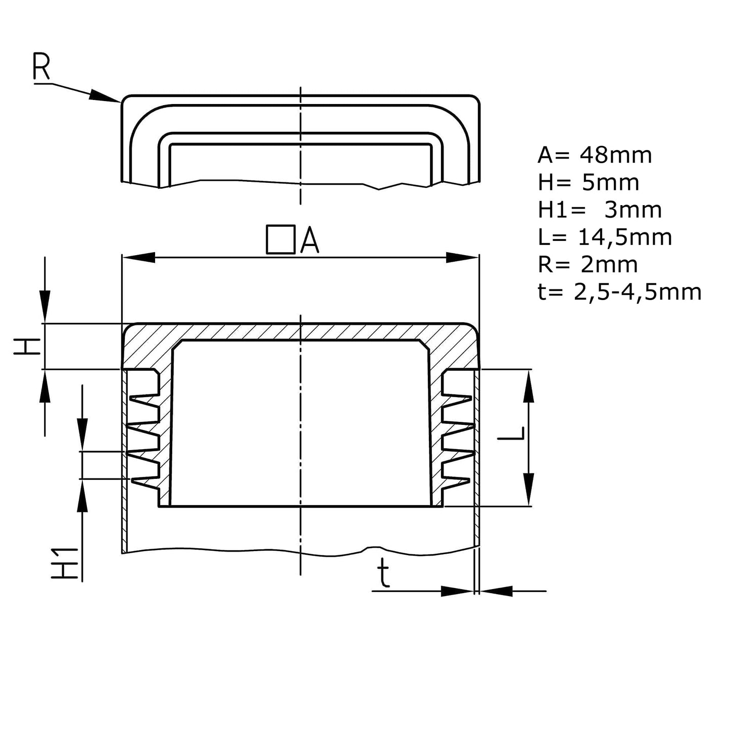Design61 4x bouchons de tube carrés 48x48 mm avec lattes pour dimensions intérieures 39-43 mm