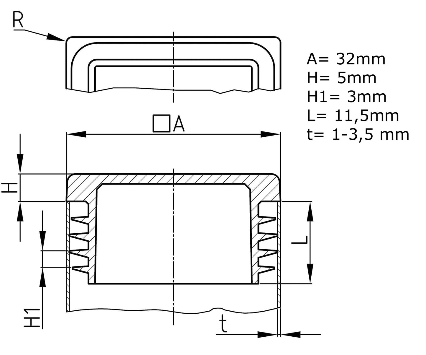 Design61 10x square pipe plugs slatted plugs 32x32 mm with slats for inner dimensions 25-30 mm