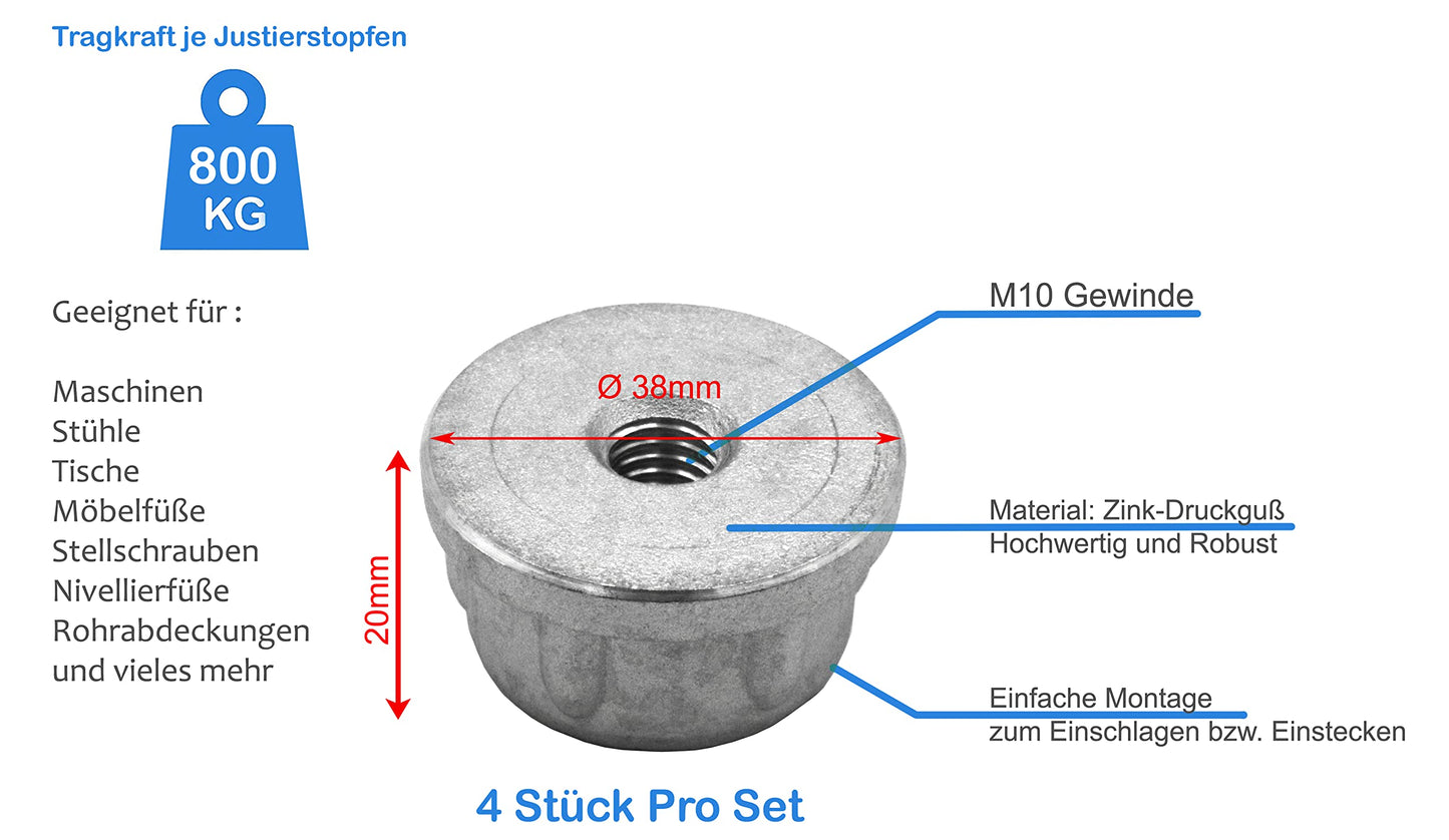 Design61 4x threaded plugs adjusting plugs for round tubes made of zinc die-cast Ø 38 mm wall thickness 2 mm with M10x18 internal thread