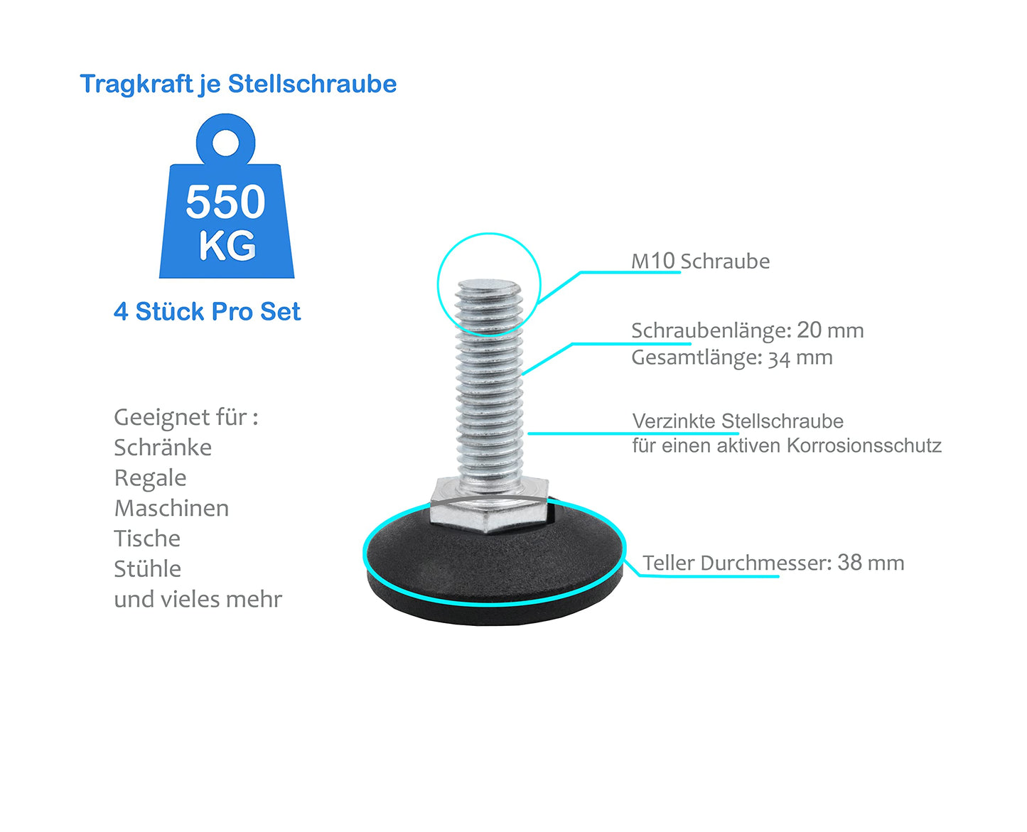 Vis de réglage Design61 4X Ø 38 mm avec vis de réglage galvanisée M10 x 20 mm