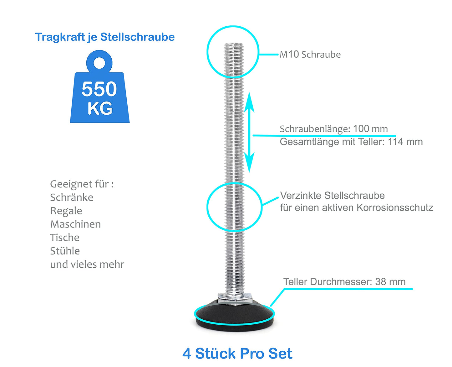 Design61 4X adjusting screw Ø 38 mm with galvanized adjusting screw M10 x 100 mm
