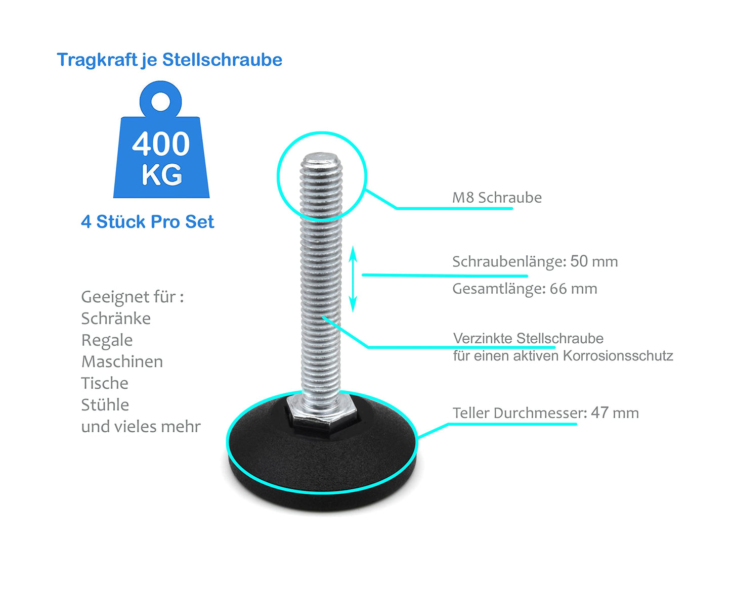 Design61 4X adjusting screw Ø 47 mm with galvanized adjusting screw M8 x 50 mm