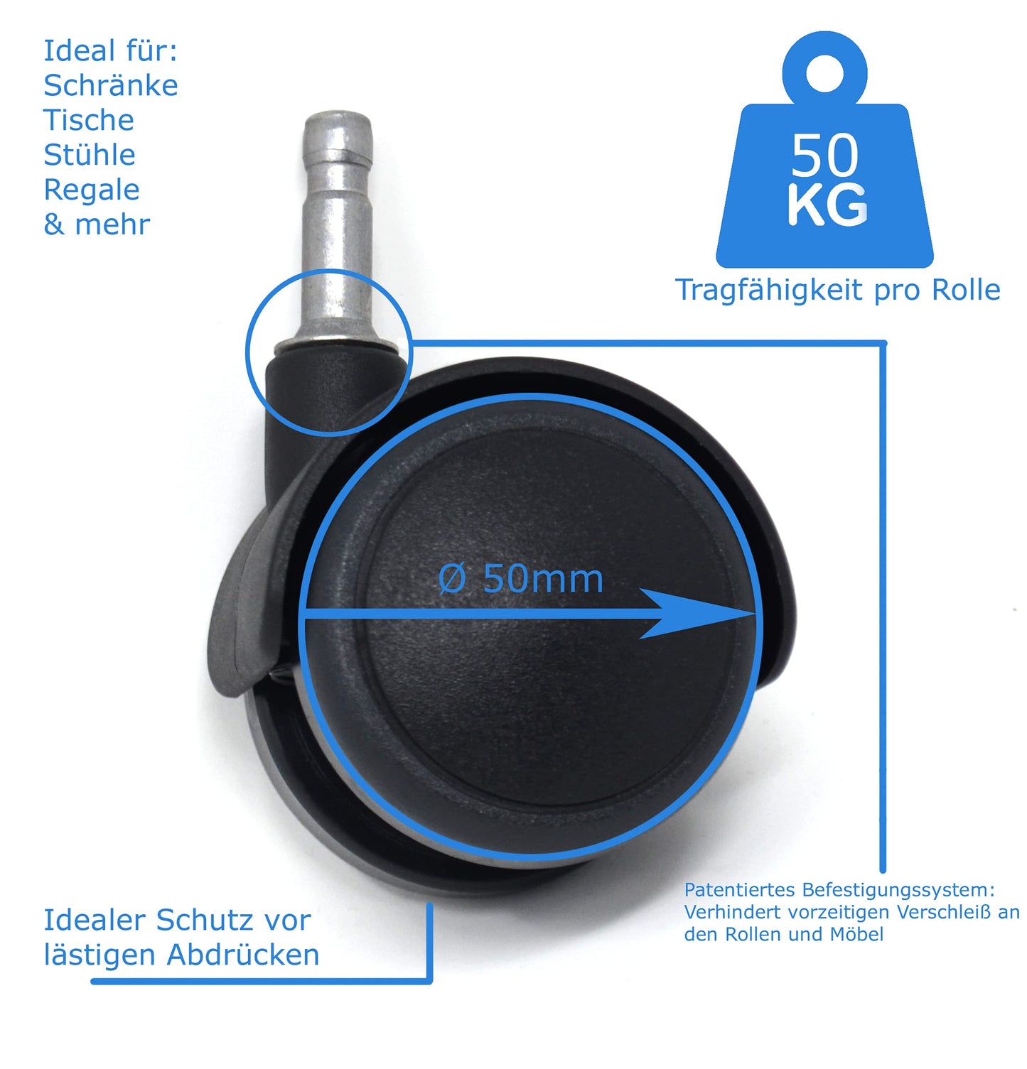 Design61 Set of 4 Universal Furniture Castors Rubber Castors for Hard Floors with Sleeve + Pin