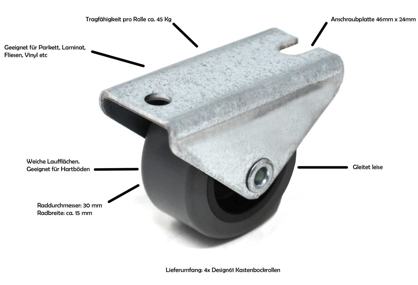 Design61 4x Kastenbockrolle Bettkastenrolle Möbelrolle Möbelrollen 30x15 mm mit weicher Lauffläche
