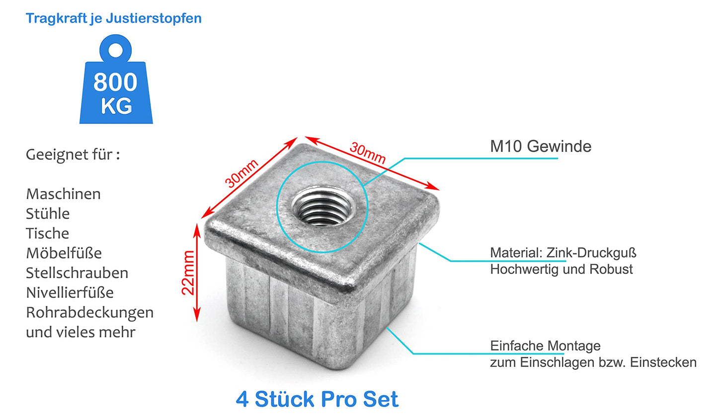 Design61 4x bouchons filetés, bouchons de réglage, embouts de pied, douille d'insertion pour tubes carrés en zinc moulé sous pression 30x30 mm avec filetage intérieur M10, capacité de charge jusqu'à 800 kg pour épaisseur de paroi 2 mm