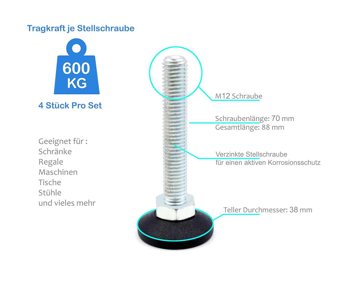 Design61 4x Möbelfüße Justierschraube M12 x 70mm Verstellschraube Ø38mm Teller verzinkte Schraube bis 600 kg (Fuß drehbar)