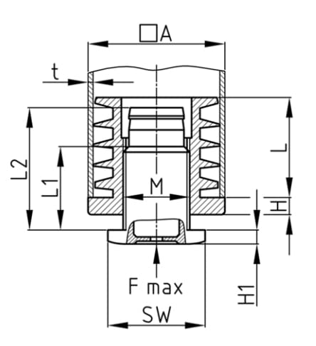Design61 4X Justierstopfen für Vierkantrohre Rohrstopfen 40 x 40 mm mit Lamellen M22x60 mm Wandstärke 1,5-2,0 mm