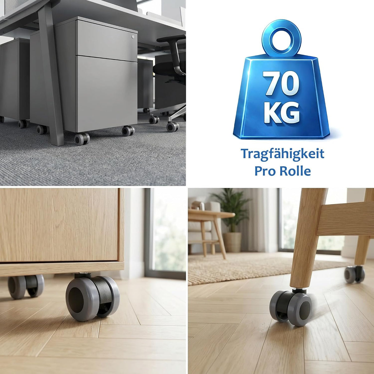 4er Set Möbelrolle Ø 30mm Gummirolle Rollen Hülse + Stift für Harte Böden