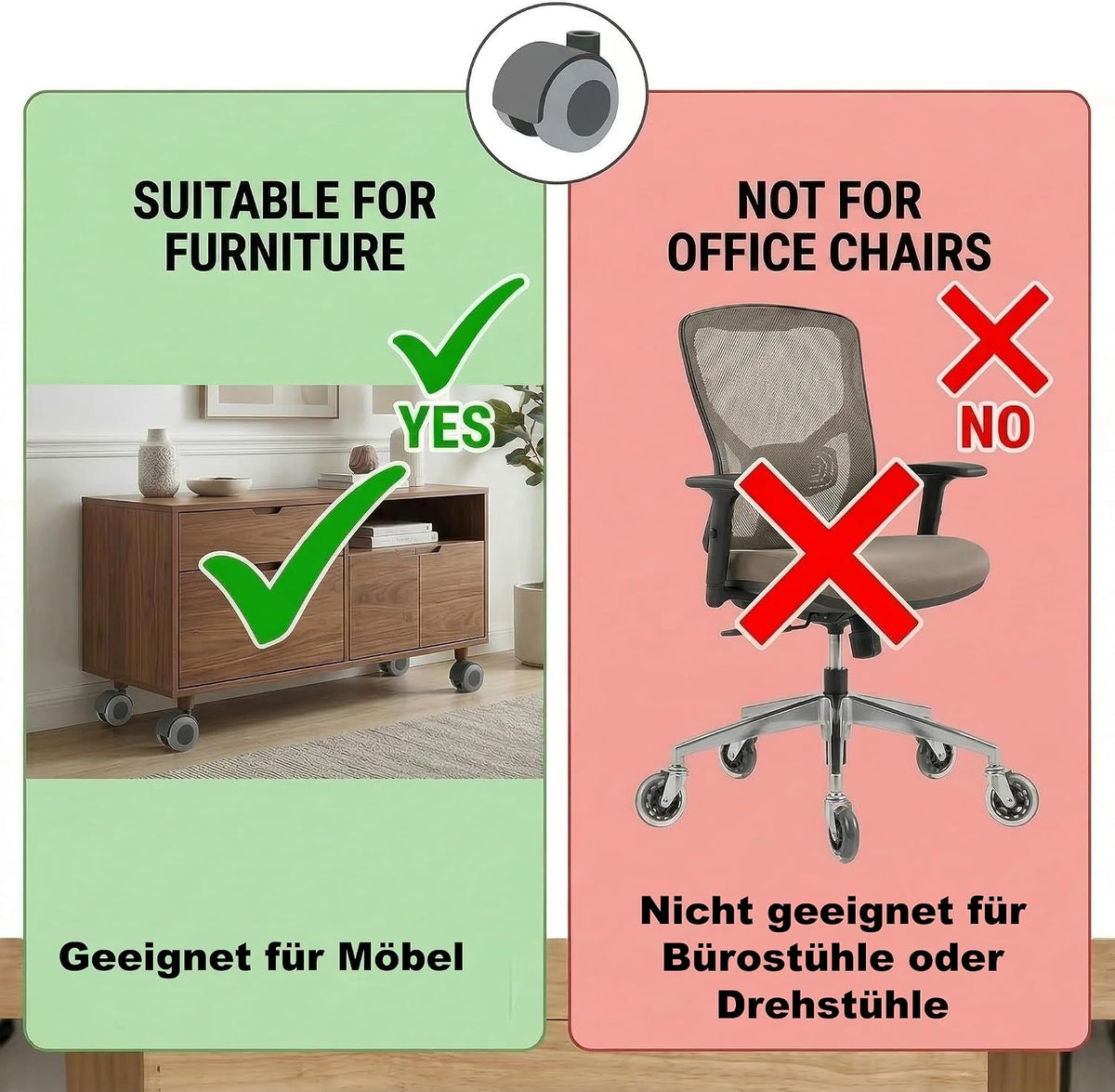 4er Set Möbelrolle Ø 30mm Gummirolle Rollen Hülse + Stift für Harte Böden
