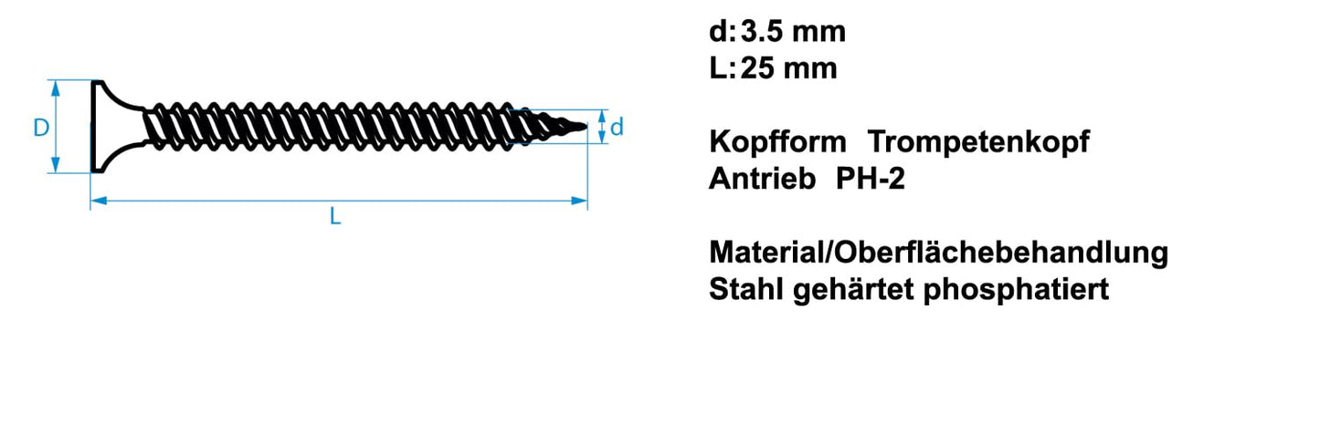 Design61 Schnellbauschrauben Rigipsschrauben Feingewinde Trompetenkopf PH-2 Kreuzschlitz Gehärteter Stahl Phosphatiert Schwarz Gipskartonschraube Gipsplattenschrauben (3.5 x 25 mm, 200, stück)