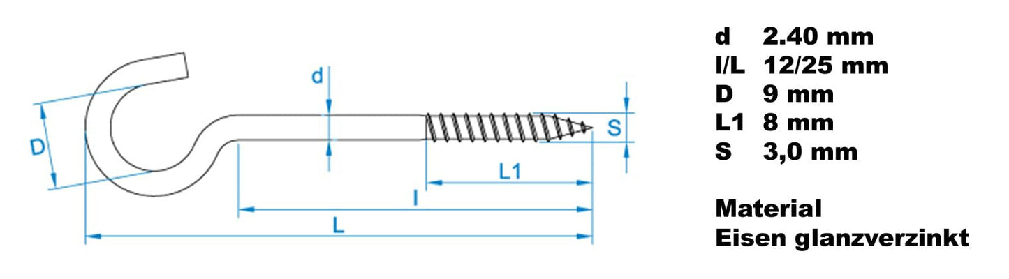 Design61 Gebogene Schraubhaken Wandhaken Verzinkt mit Holzgewinde Einschraubhaken für Wand Decke Haken zur Befestigung von Seilen Ketten Pflanzen Lampen (25 x 2,4 mm, 10, stück)