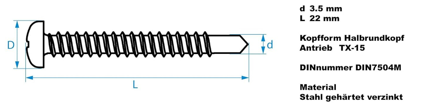 Design61 Selbstbohrende Schrauben Halbrundkopf Stahl Gehärtet Verzinkt Rostbeständig für Holz und Metallbau Selbstschneidende TX-15 Schrauben (3,5 x 22 mm, 200, stück)