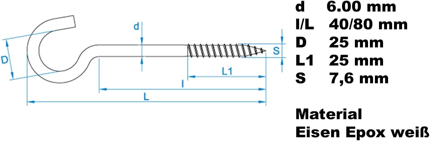 Design61 Gebogene Schraubhaken Wandhaken Weiß mit Holzgewinde Einschraubhaken für Wand Decke Haken zur Befestigung von Seilen Ketten Pflanzen Lampen (80 x 6 mm, 10, stück)